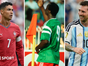 Who is the African World Cup goalscorer older than Ronaldo and Messi?