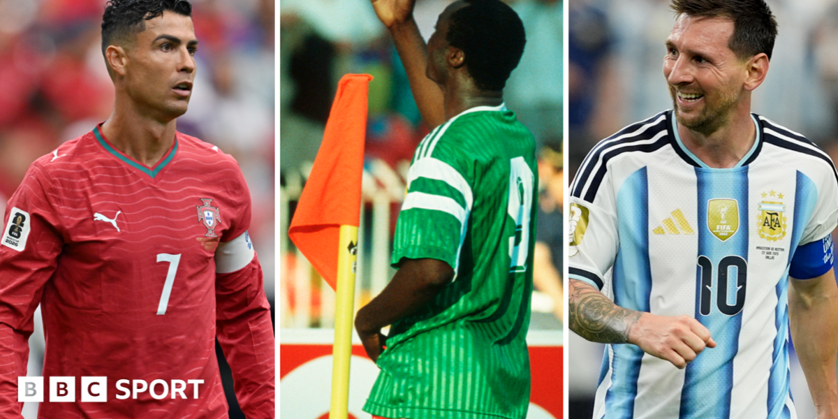 Who is the African World Cup goalscorer older than Ronaldo and Messi?