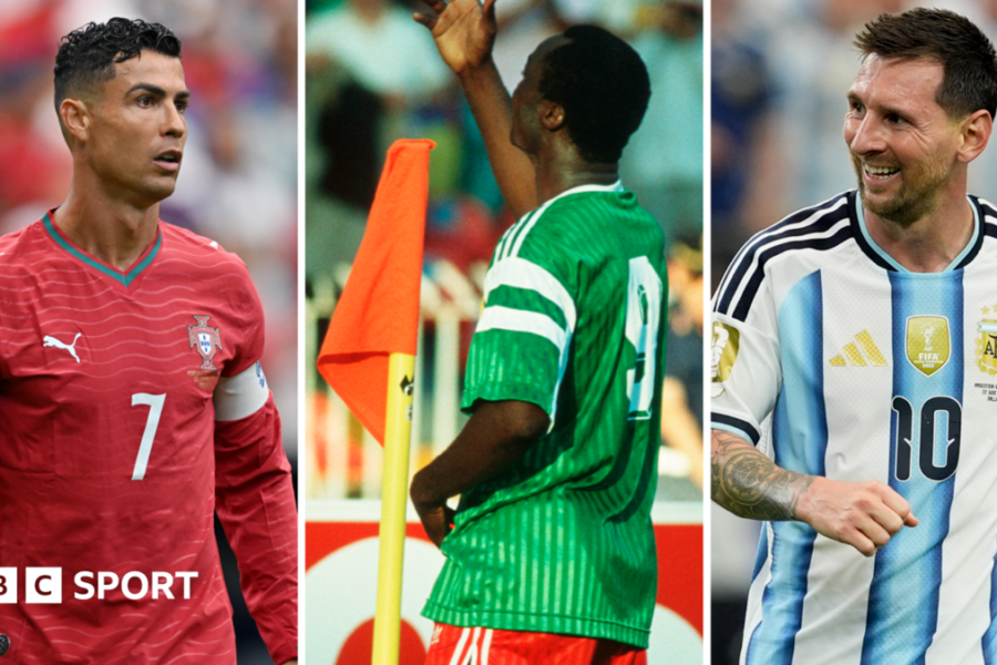 Who is the African World Cup goalscorer older than Ronaldo and Messi?