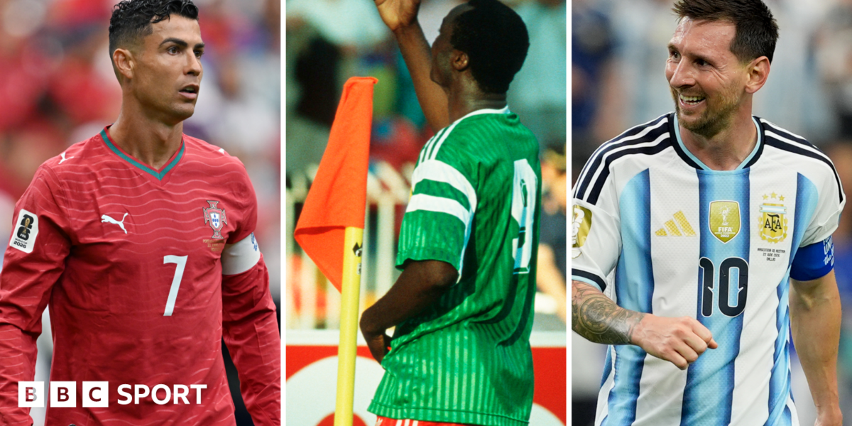 Who is the African World Cup goalscorer older than Ronaldo and Messi?