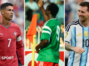 Who is the African World Cup goalscorer older than Ronaldo and Messi?