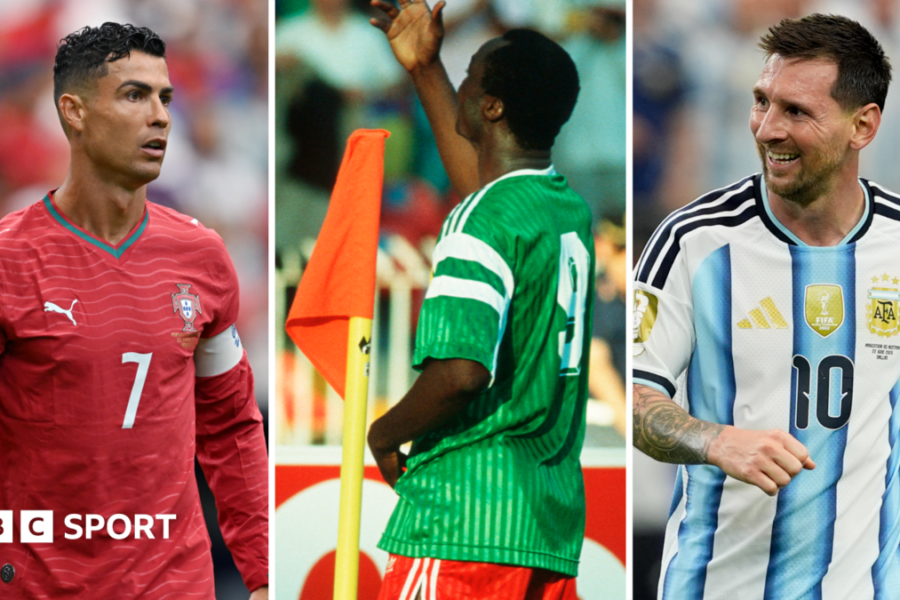Who is the African World Cup goalscorer older than Ronaldo and Messi?